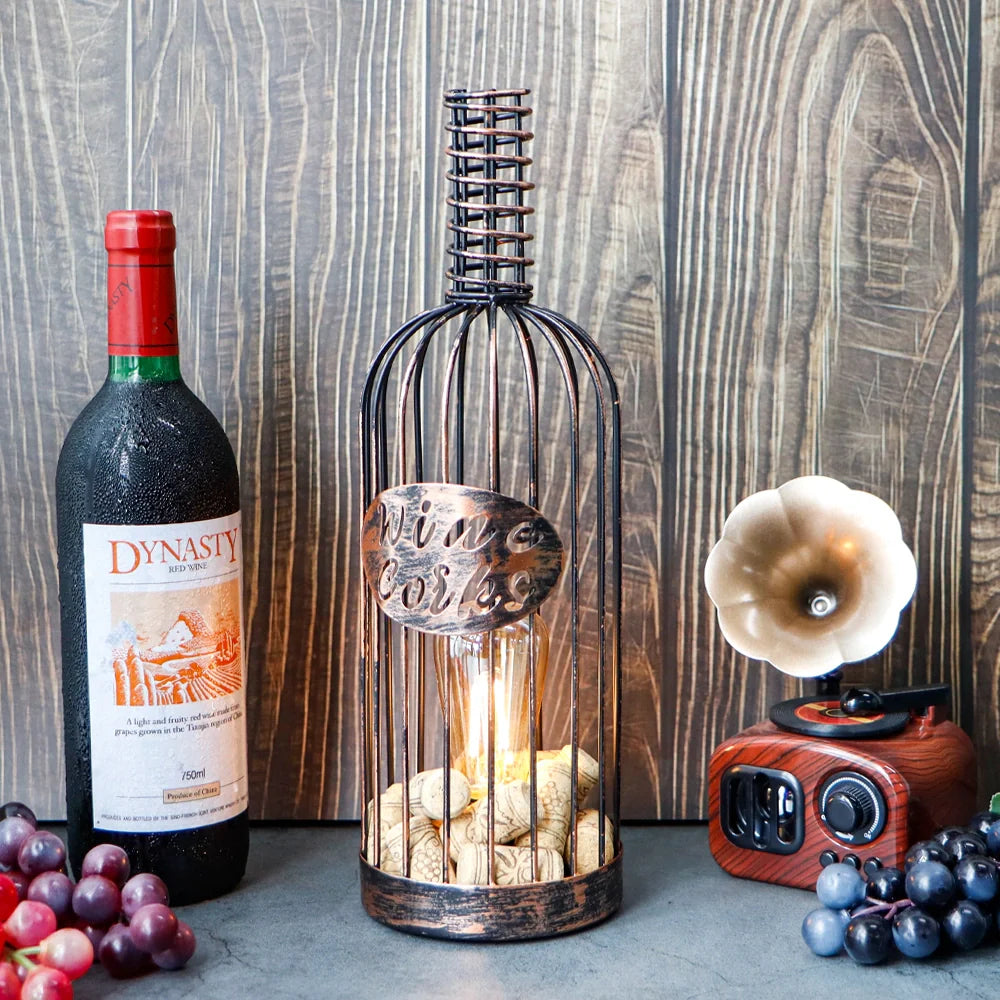13.5”H Cordless Metal Wine Cork Holder Lamp