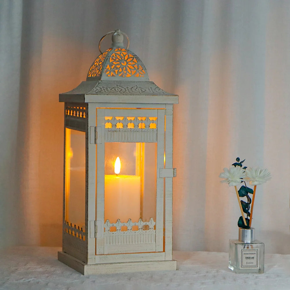 14.5" H Decorative Candle Lanterns（Beige with Gold Brush）