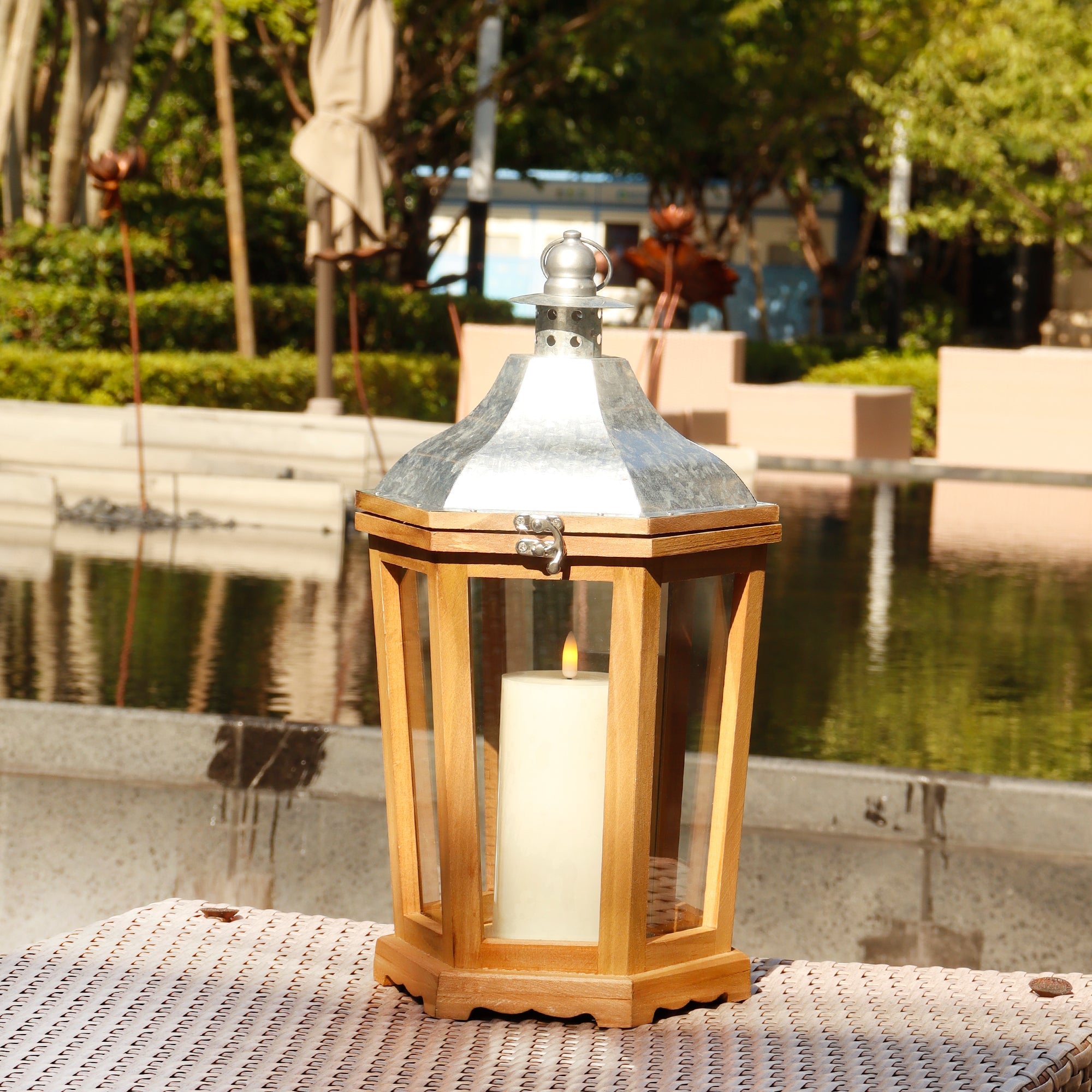 17'' H Wood Metal Hexagon Candle Holder Decorative Hanging Lanterns