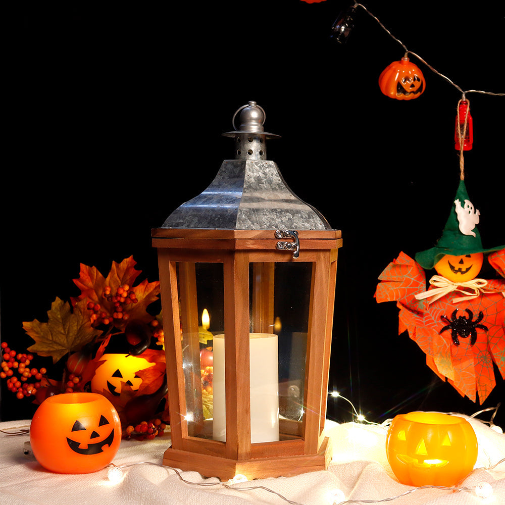 17'' H Wood Metal Hexagon Candle Holder Decorative Hanging Lanterns