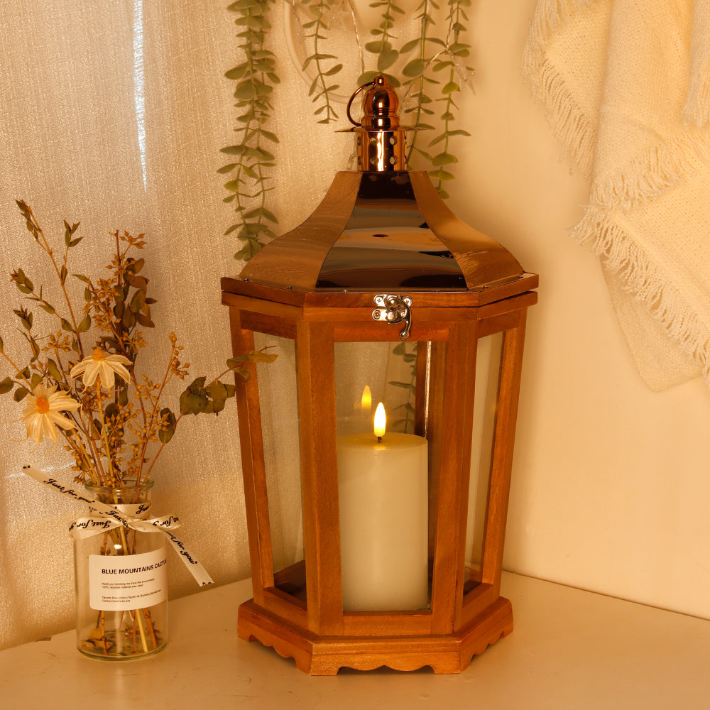 17'' H Wood Metal Hexagon Candle Holder Decorative Hanging Lanterns