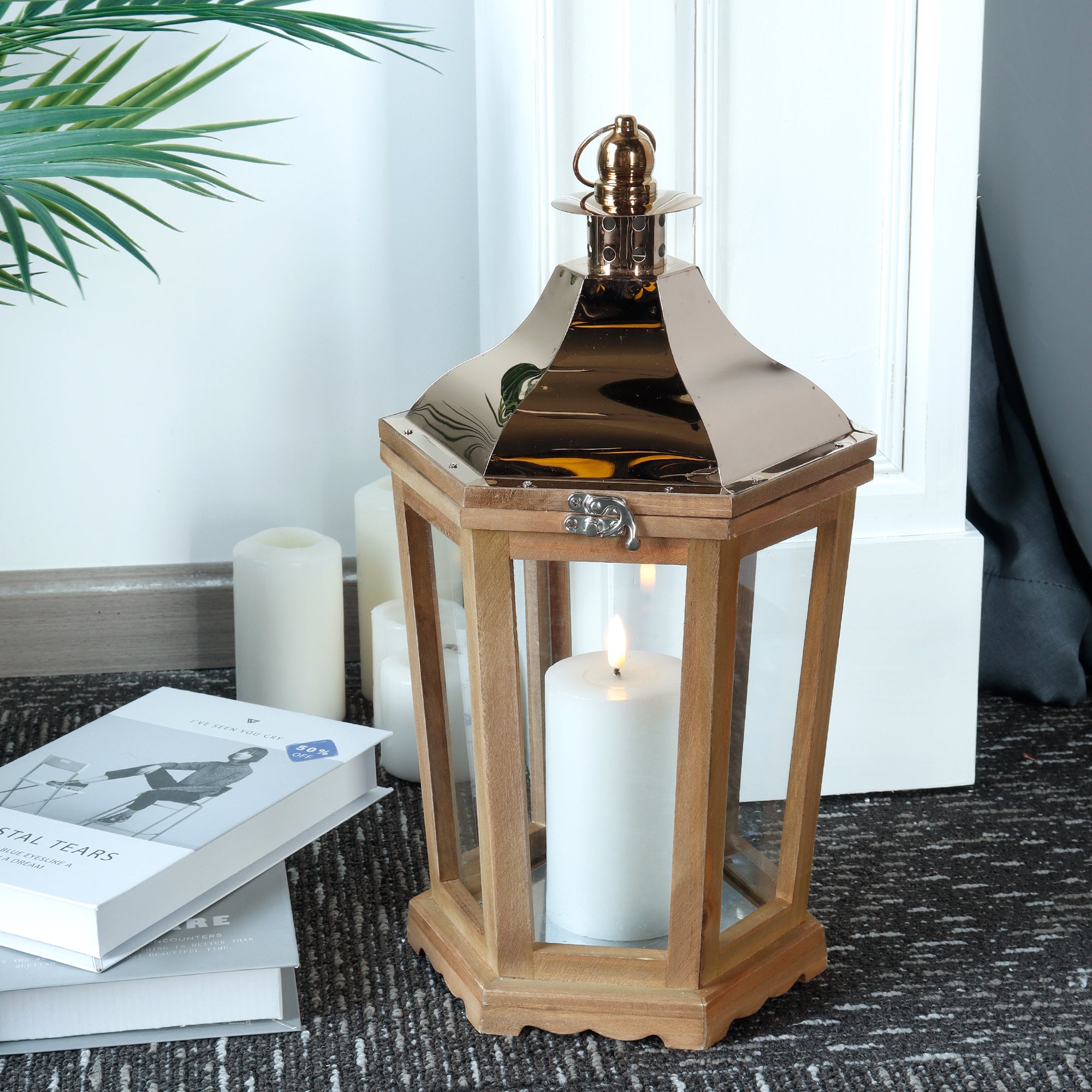 17'' H Wood Metal Hexagon Candle Holder Decorative Hanging Lanterns