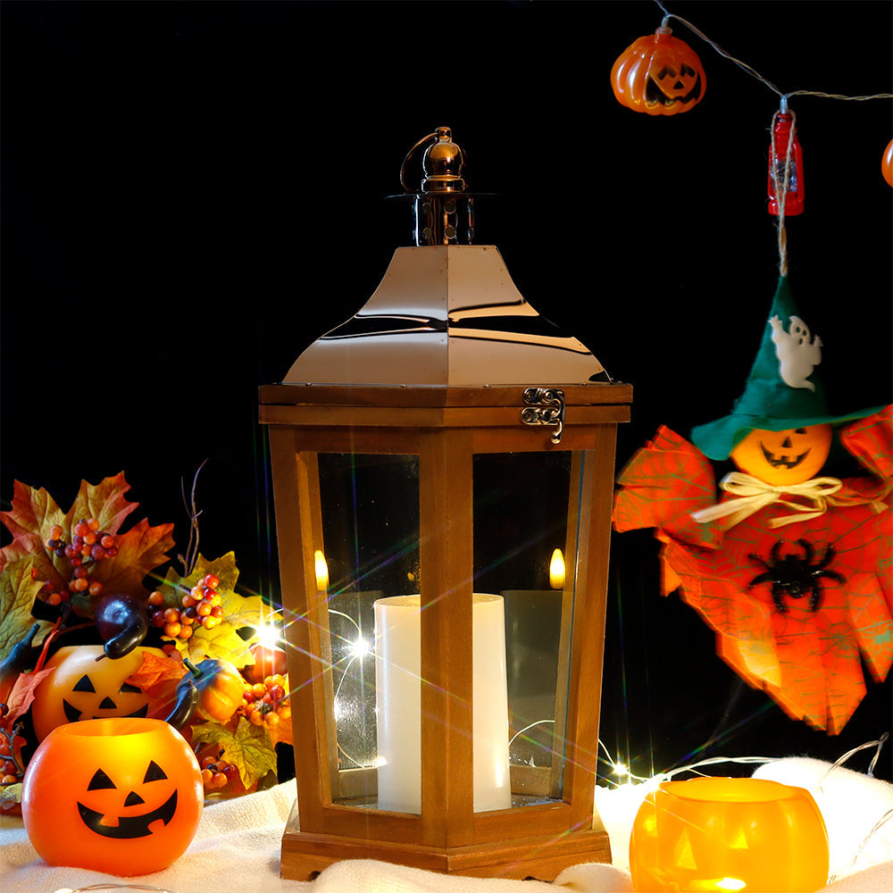 17'' H Wood Metal Hexagon Candle Holder Decorative Hanging Lanterns