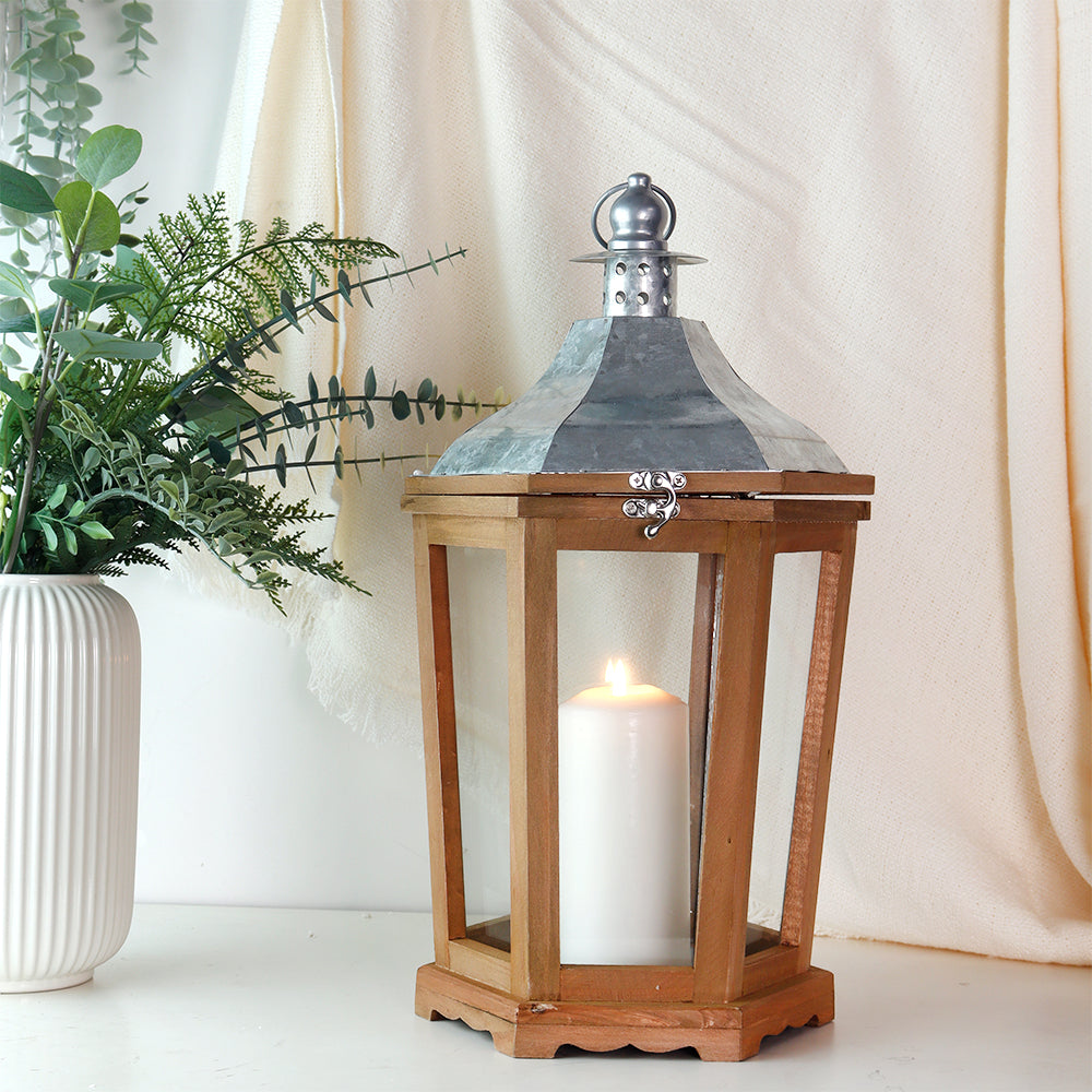 17'' H Wood Metal Hexagon Candle Holder Decorative Hanging Lanterns
