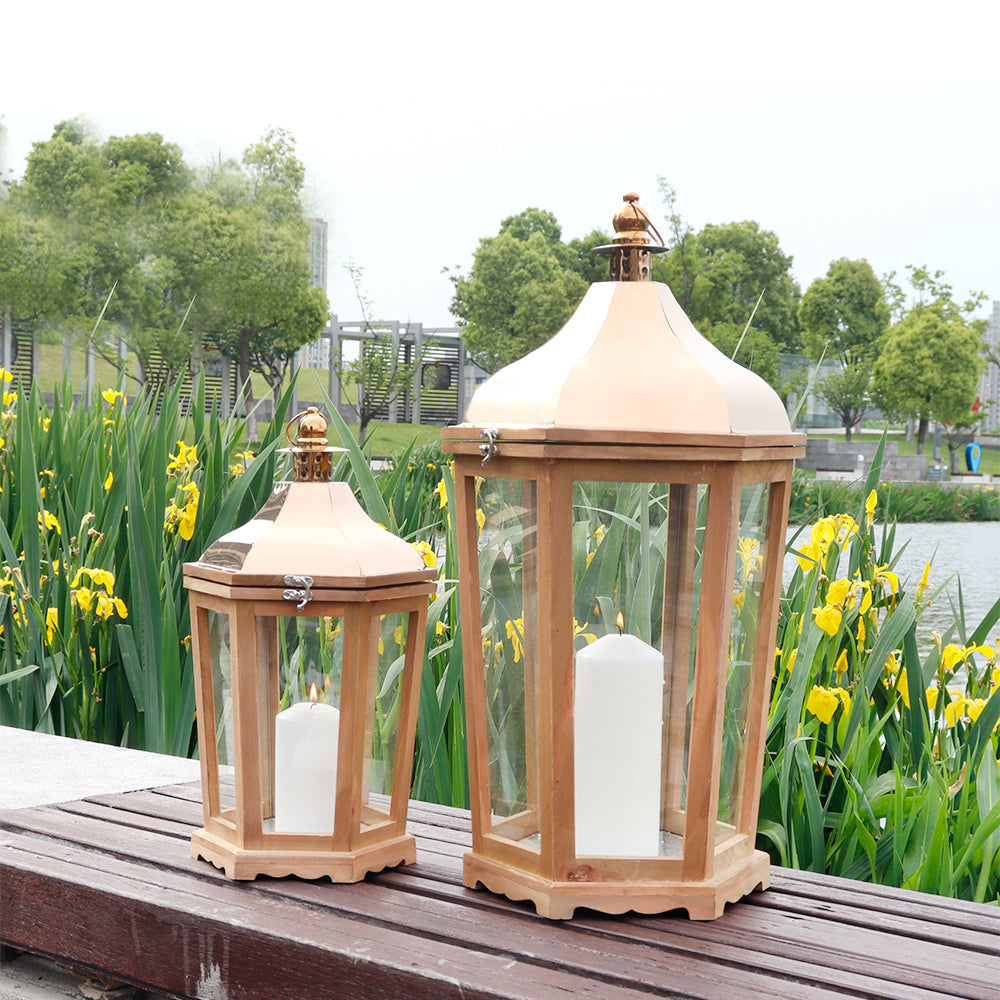 17''&24'' H Wood Metal Hexagon Candle Holder Decorative Hanging Lanterns(Set of 2)