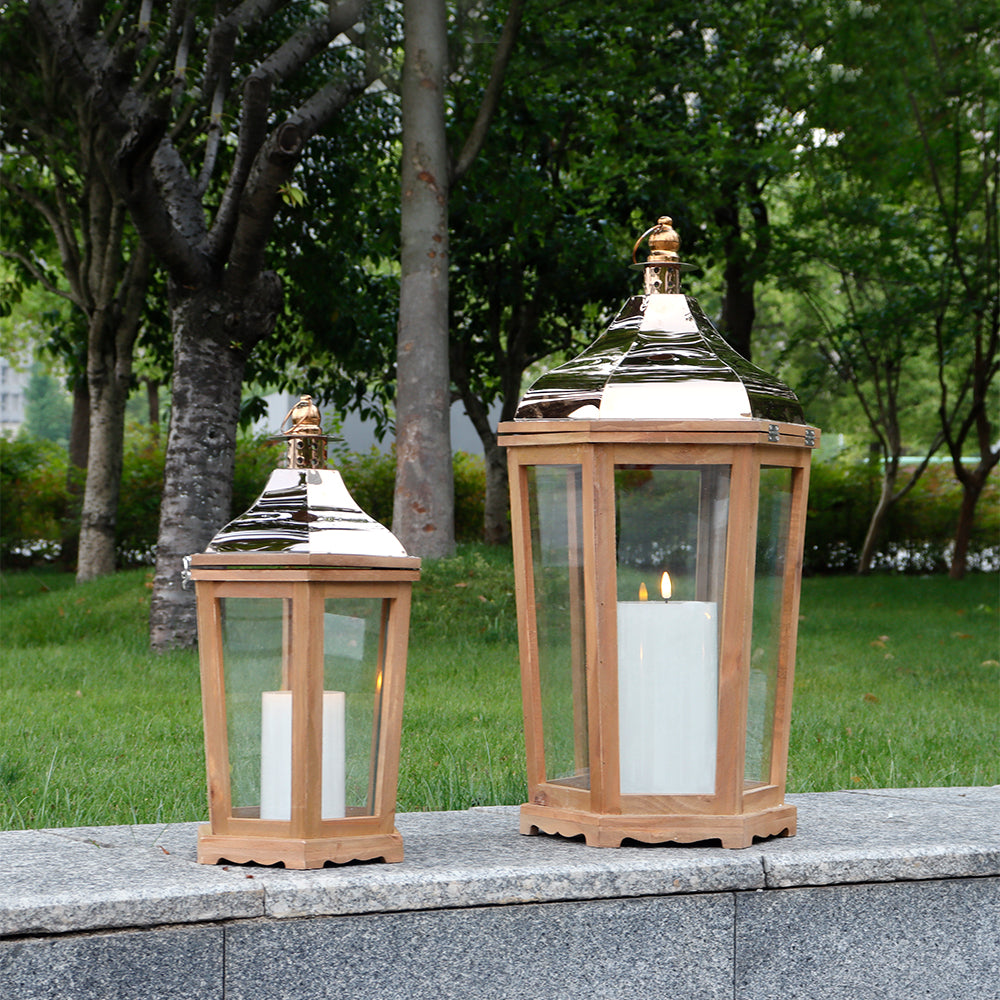 17''&24'' H Wood Metal Hexagon Candle Holder Decorative Hanging Lanterns(Set of 2)
