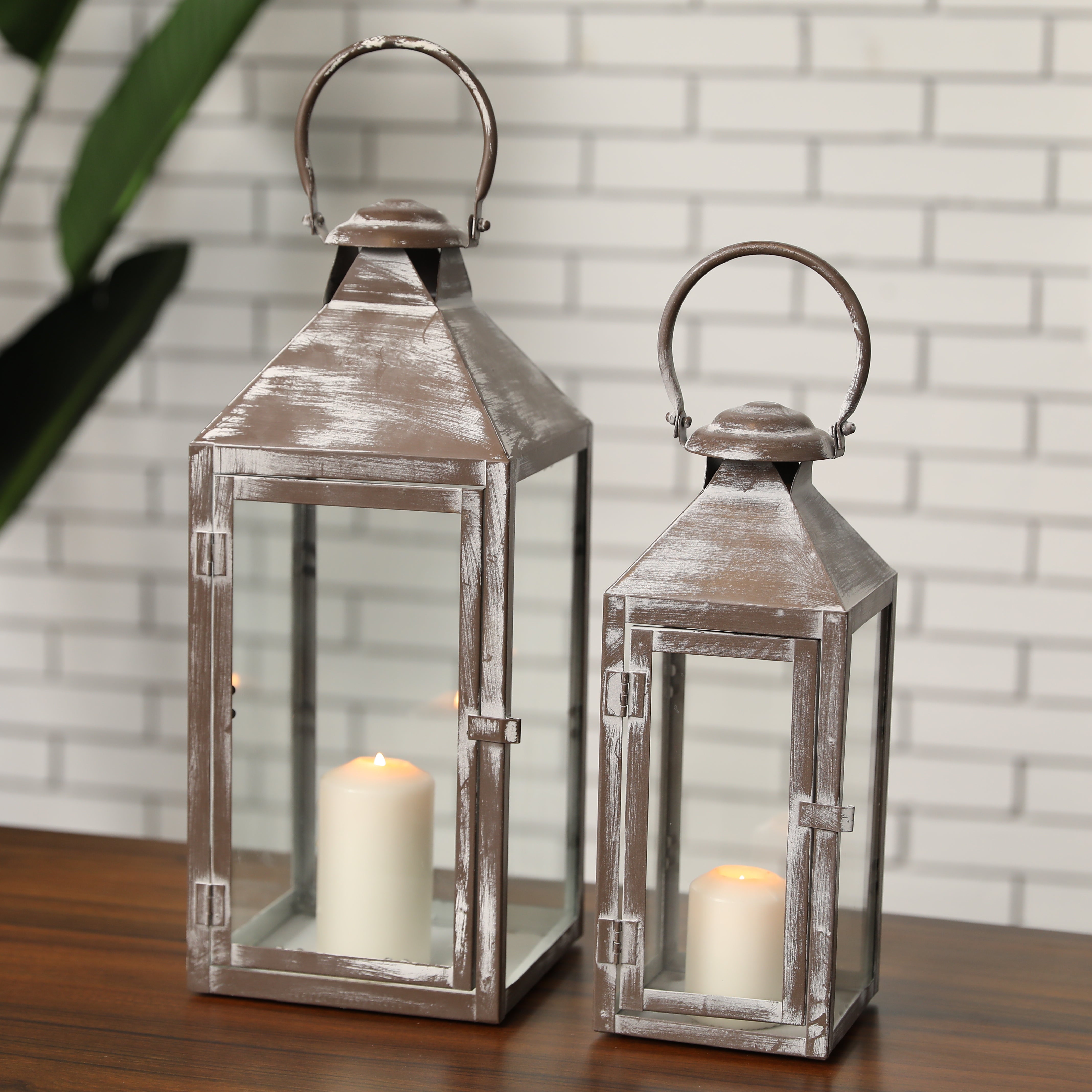 17.5 & 13.5inch Antique Grey Brush Decorative Lanterns ( Set of 2 )