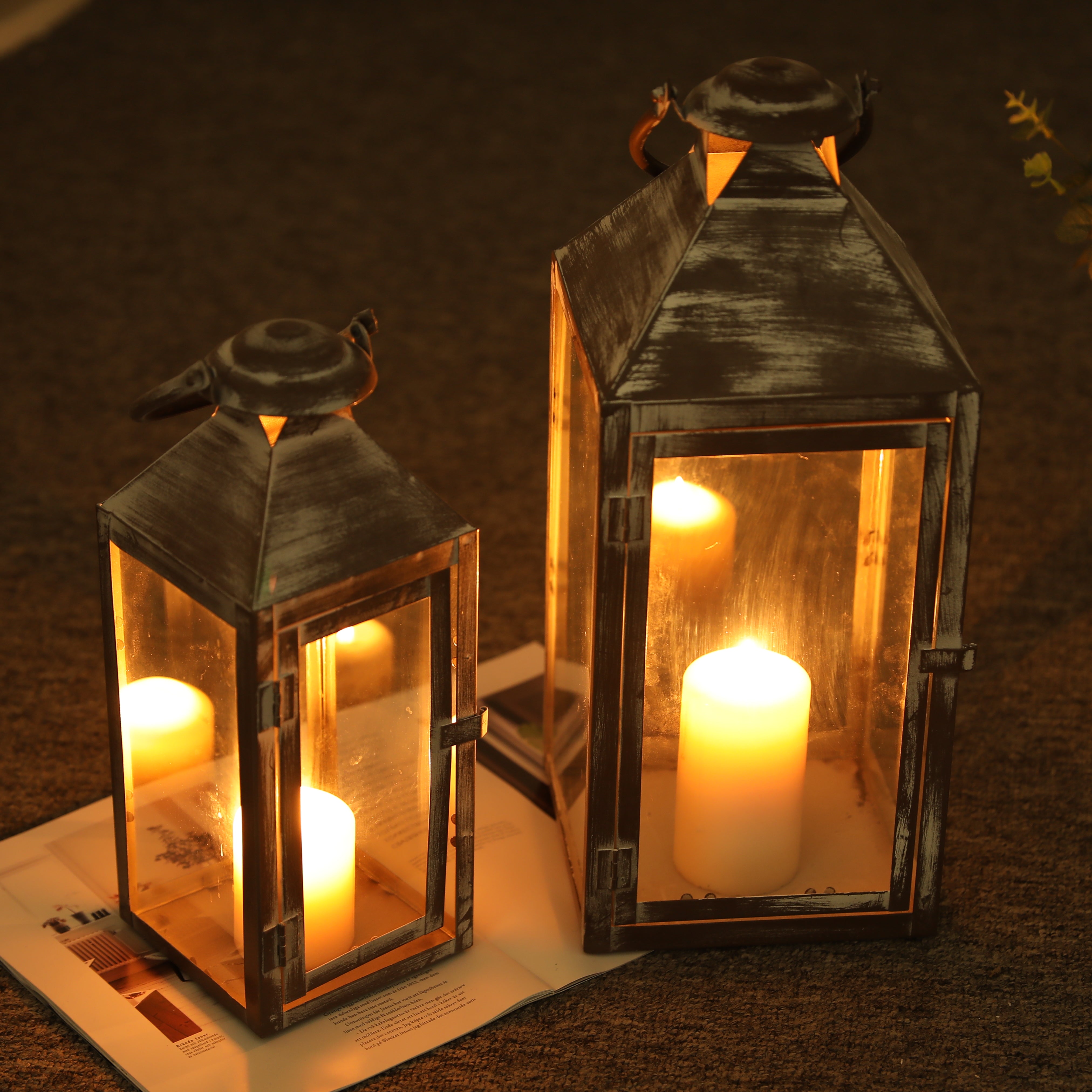 17.5 & 13.5inch Antique Grey Brush Decorative Lanterns ( Set of 2 )