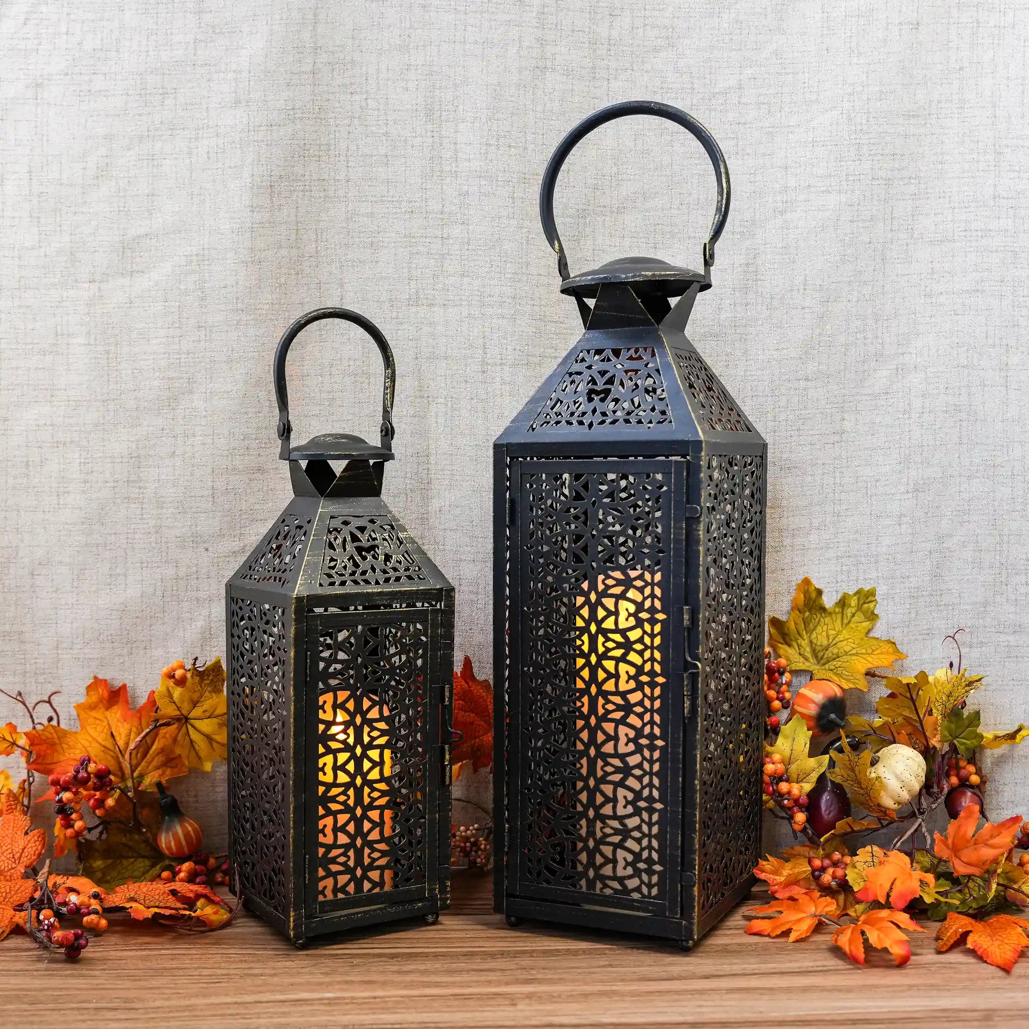 19"&14''H Moroccan Decorative Metal Candle Holders with Hollow Pattern