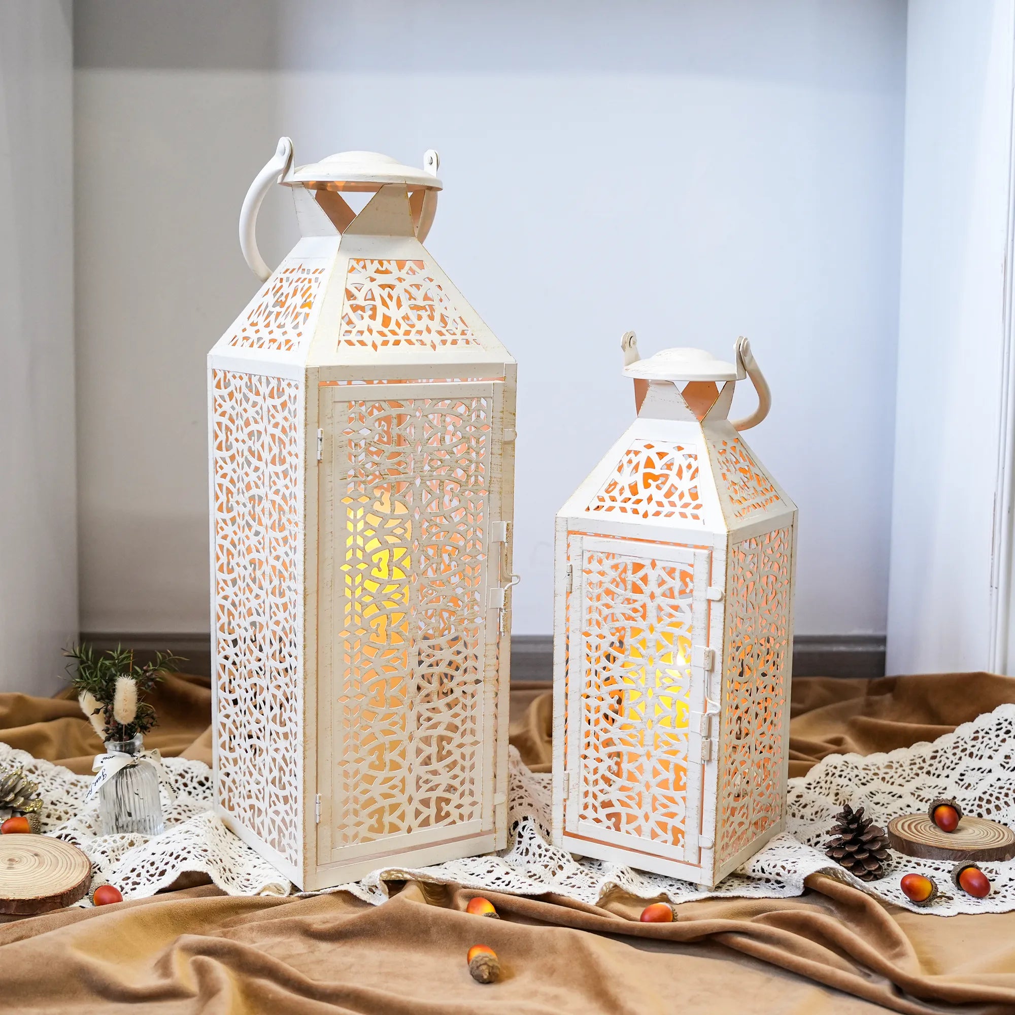 19"&14''H Moroccan Decorative Metal Candle Holders with Hollow Pattern