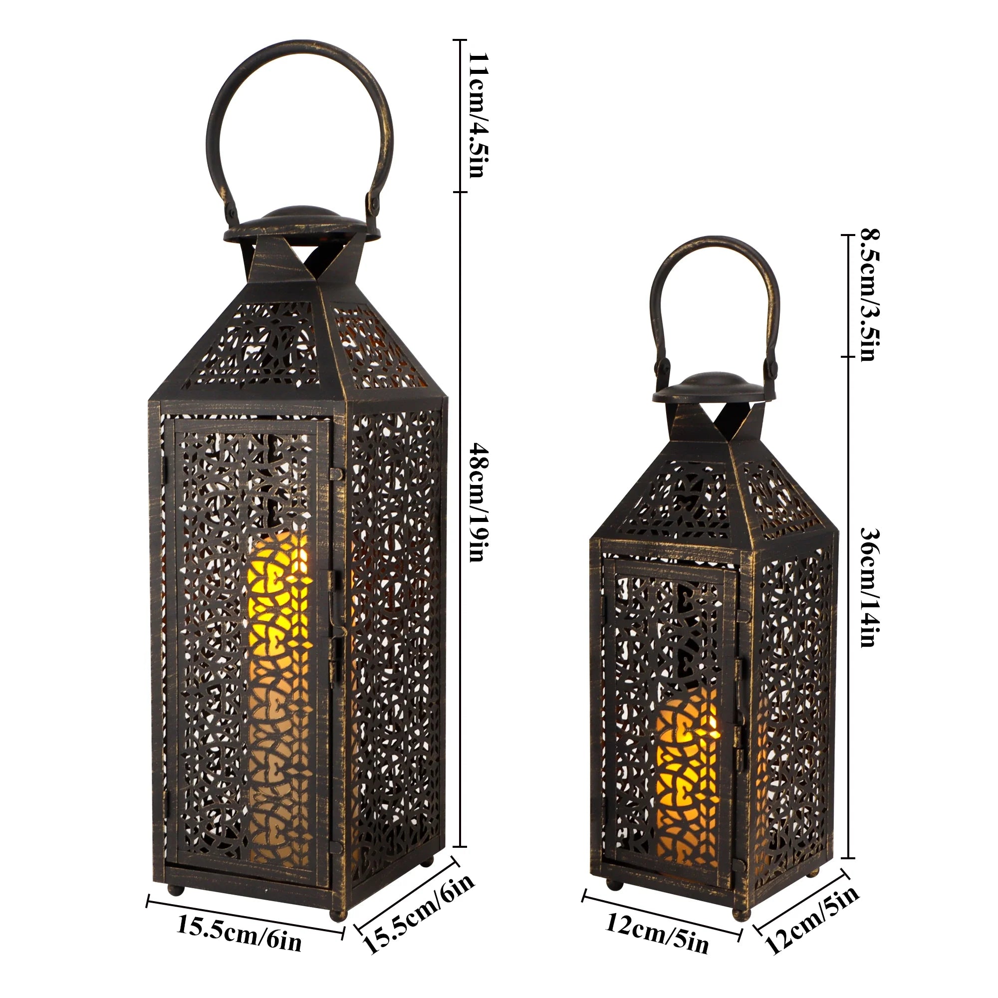 19"&14''H Moroccan Decorative Metal Candle Holders with Hollow Pattern