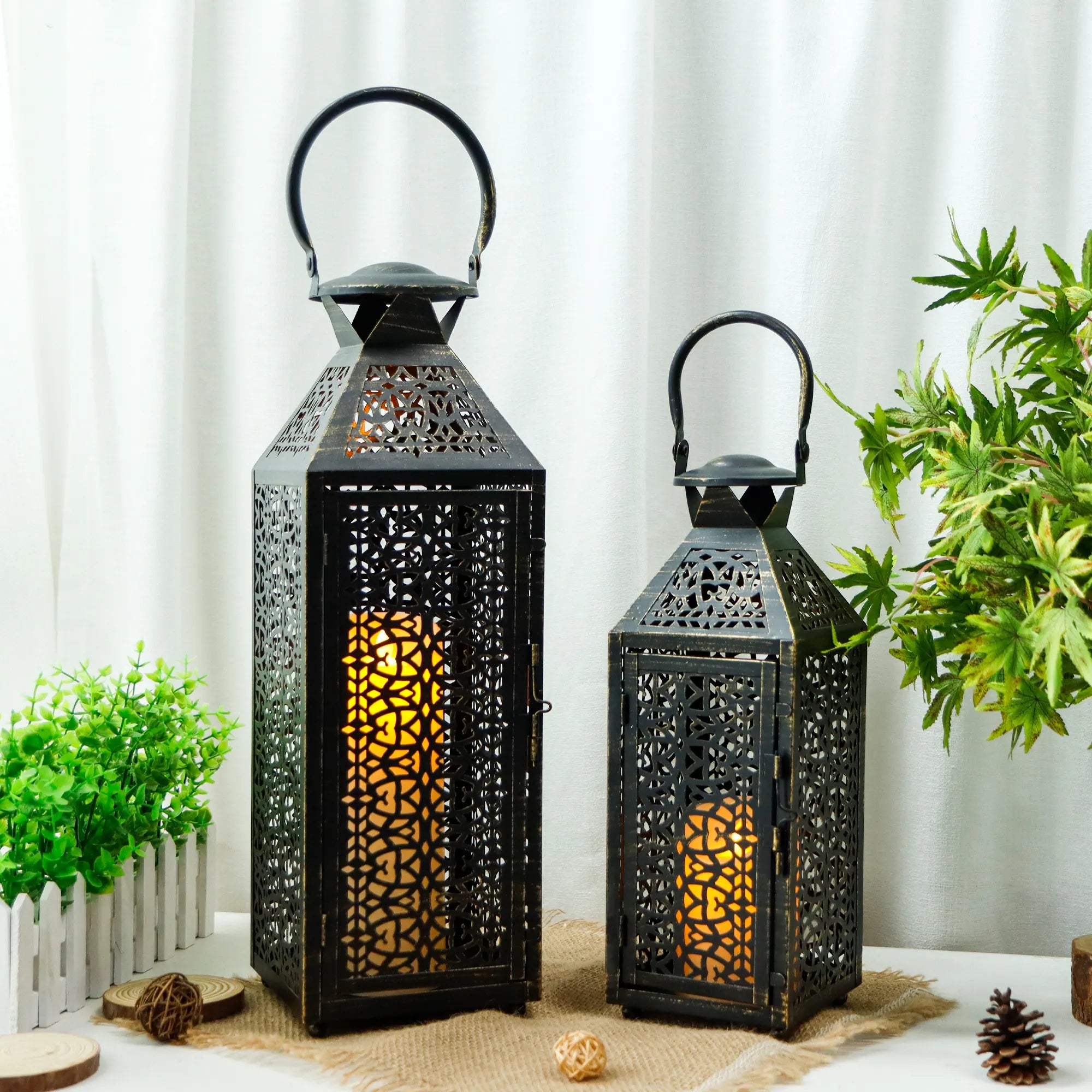 19"&14''H Moroccan Decorative Metal Candle Holders with Hollow Pattern