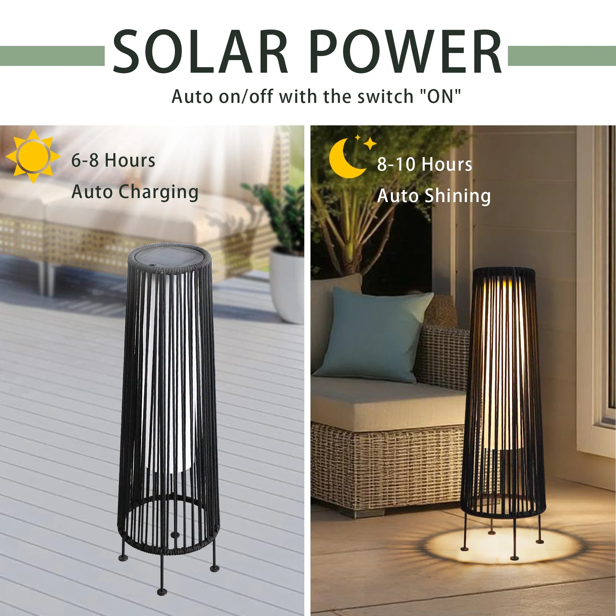 2 Piece Solar Powered Lantern Wicker Solar Patio Lamp Black
