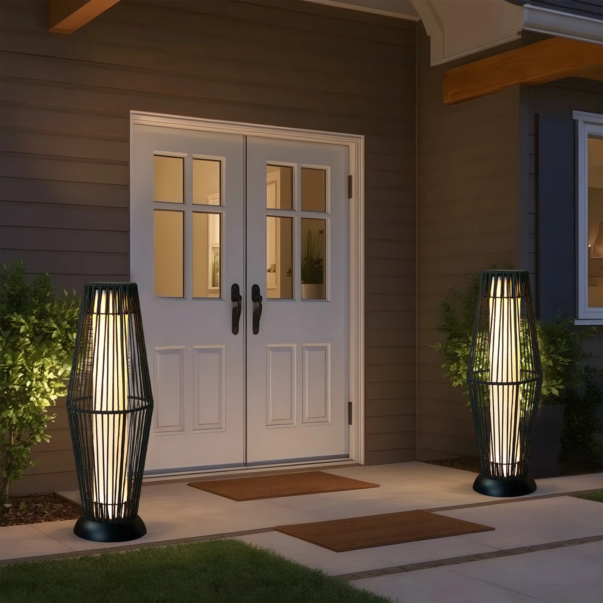 2 Piece Solar Powered Lantern Wicker Solar Patio Lamp