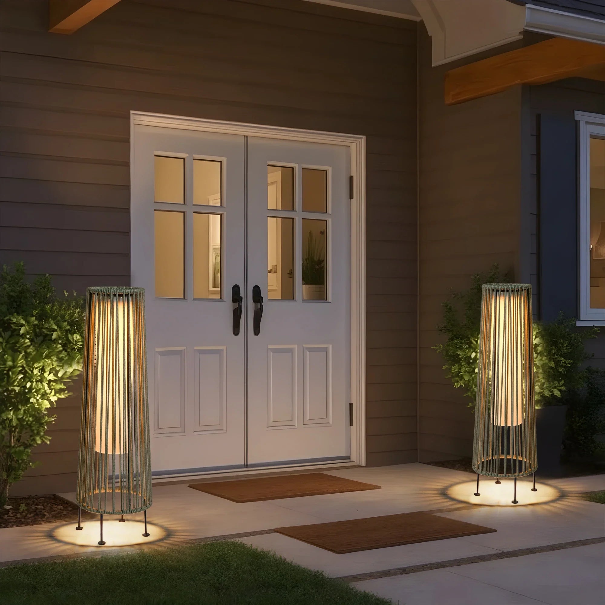 2 Piece Solar Powered Lantern Wicker Solar Patio Lamp Grey