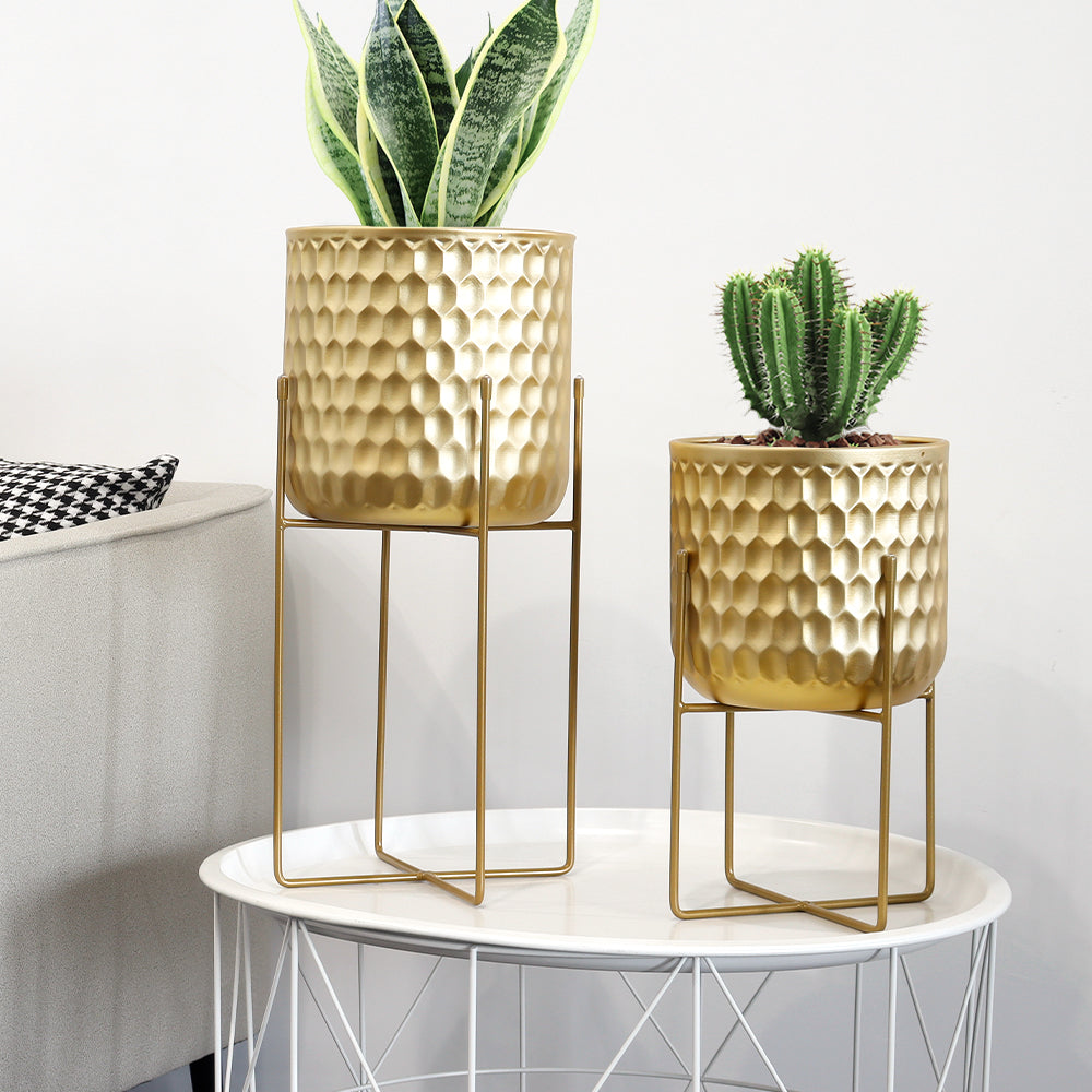 2 Set of 17&12 " Tall  Planters With Stand (Gold)
