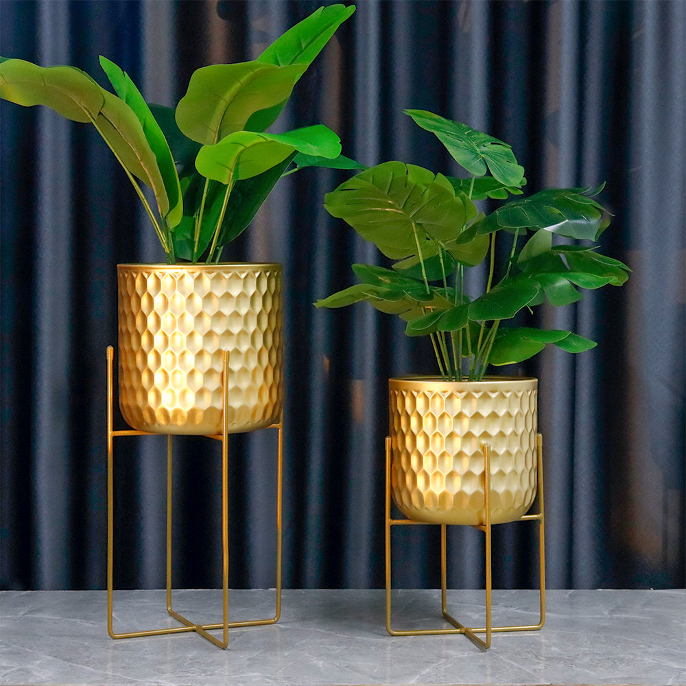 2 Set of 17&12 " Tall  Planters With Stand (Gold)