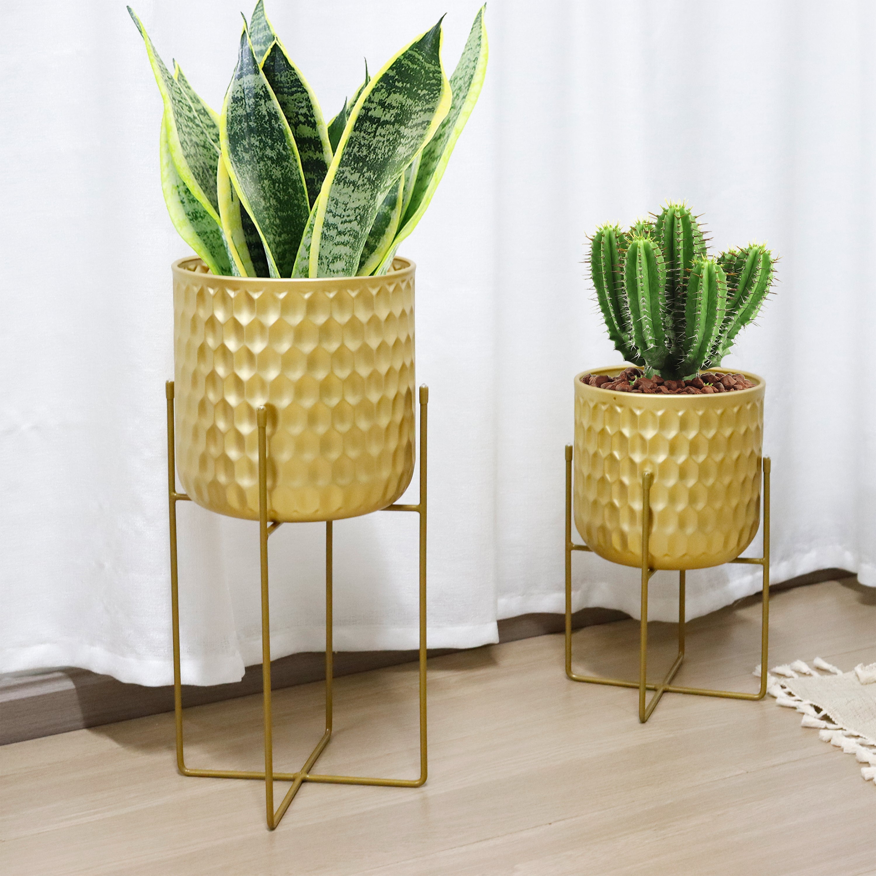 2 Set of 17&12 " Tall  Planters With Stand (Gold)