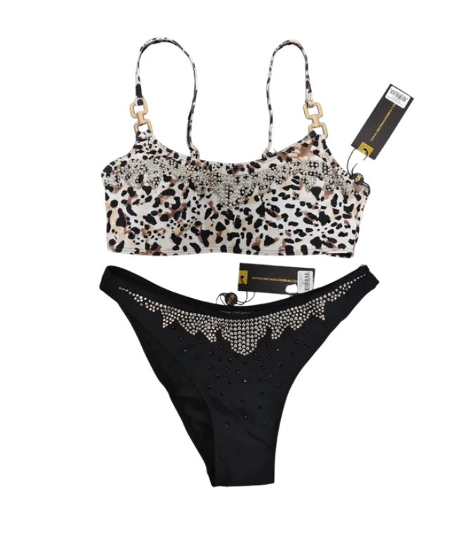 2 piece animal print crop tank style top with high cut black bikini bottoms CA-10162-EDEN