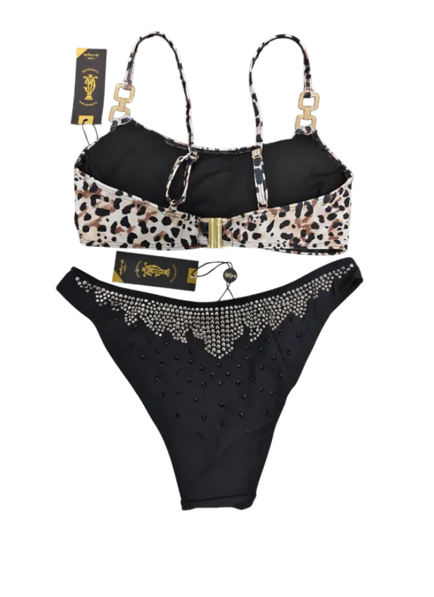2 piece animal print crop tank style top with high cut black bikini bottoms CA-10162-EDEN