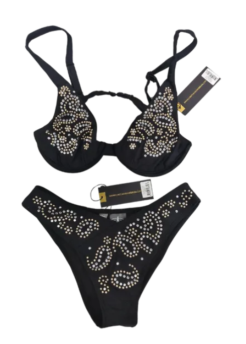 2 piece bra and high contour cut bikini black with rhinestones CA-10178 BLK RNSTN