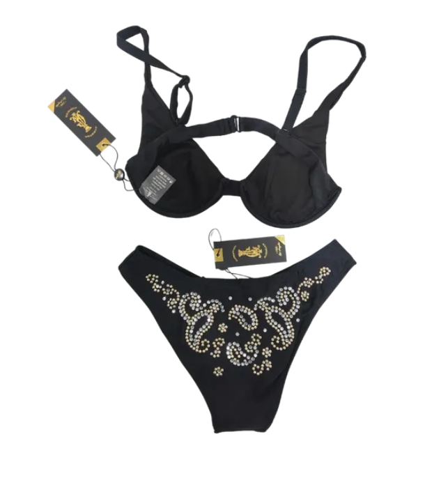 2 piece bra and high contour cut bikini black with rhinestones CA-10178 BLK RNSTN