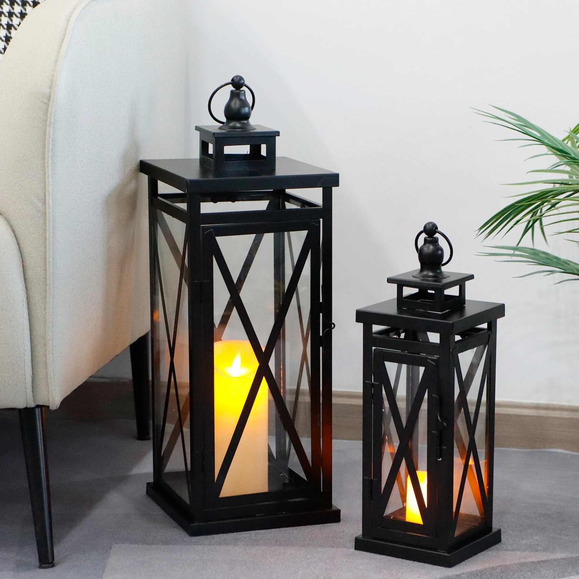 20'' & 11'' High Metal Candle Holder Hanging Lanterns with Tempered Glass