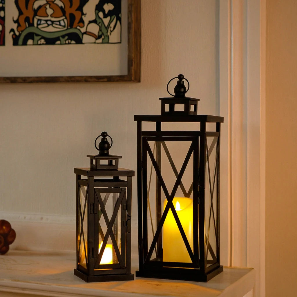 20'' & 11'' High Metal Candle Holder Hanging Lanterns with Tempered Glass