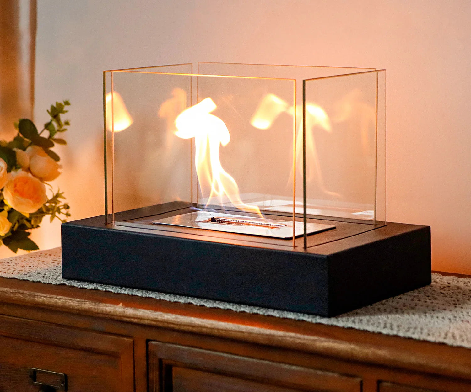 360° View Rectangular Tabletop Fireplace Fire Bowl With Four-Sided Glass