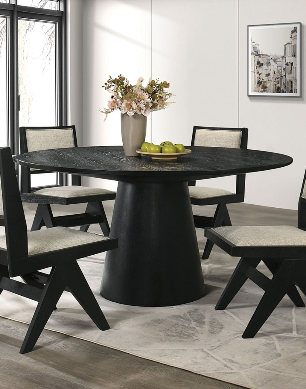 5-Piece Contemporary Round Dining Set with Black Pedestal Table & Light Gray Upholstered Chairs