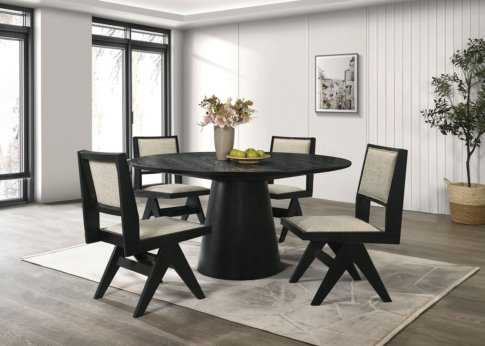 5-Piece Contemporary Round Dining Set with Black Pedestal Table & Light Gray Upholstered Chairs