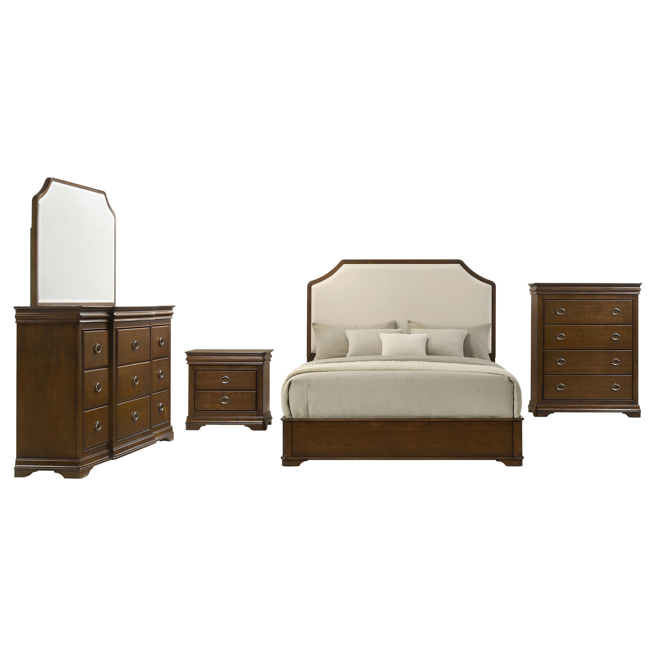 5-Piece Queen Bedroom Set with Upholstered Headboard, Dresser, Mirror, Chest &amp; Nightstand