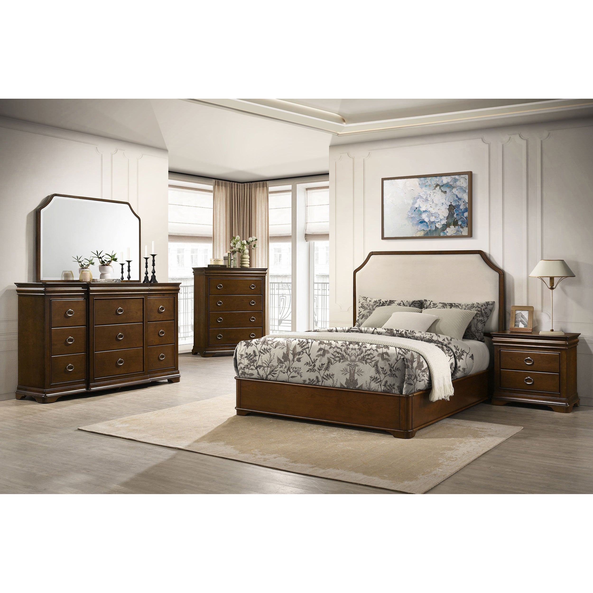 5-Piece Queen Bedroom Set with Upholstered Headboard, Dresser, Mirror, Chest &amp; Nightstand
