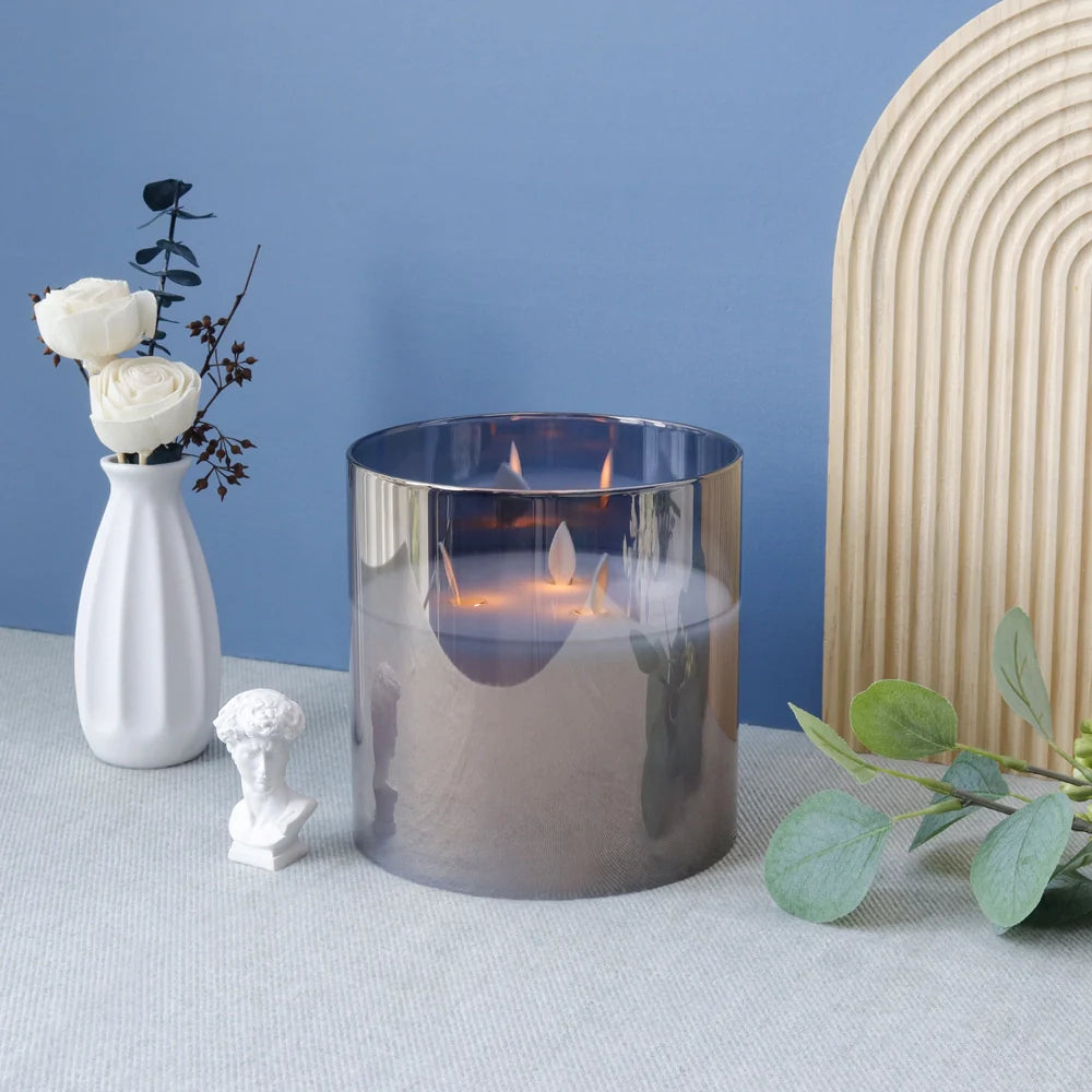 6" High 3-Wick Glass Flameless Candles( small Gray)