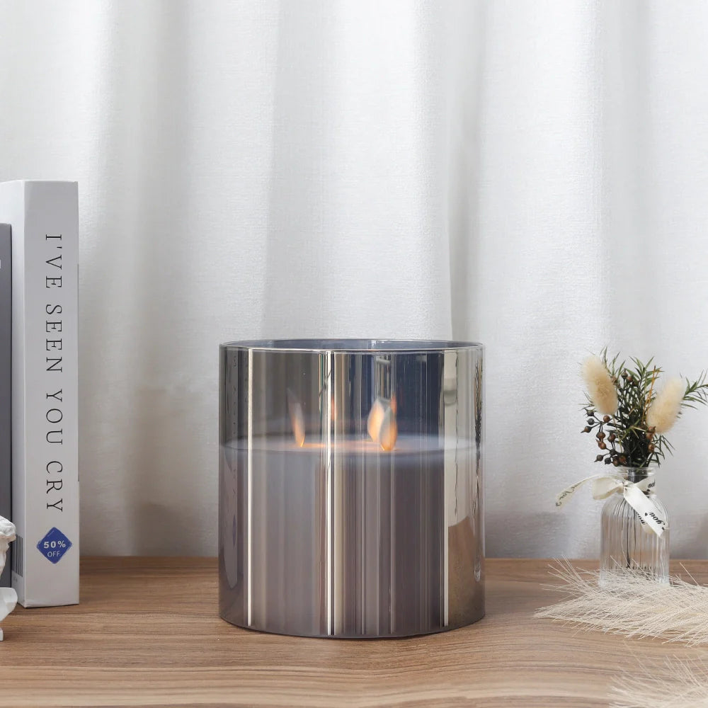 6" High 3-Wick Glass Flameless Candles( small Gray)