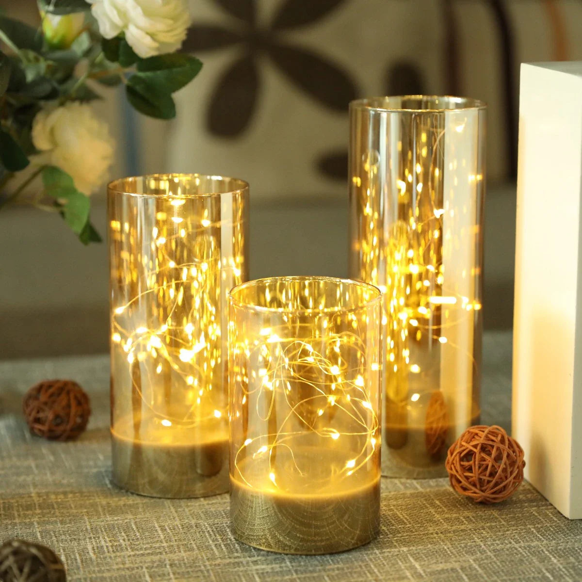6/8/10inch High Battery Glass Decorative Lights（Set of 3）