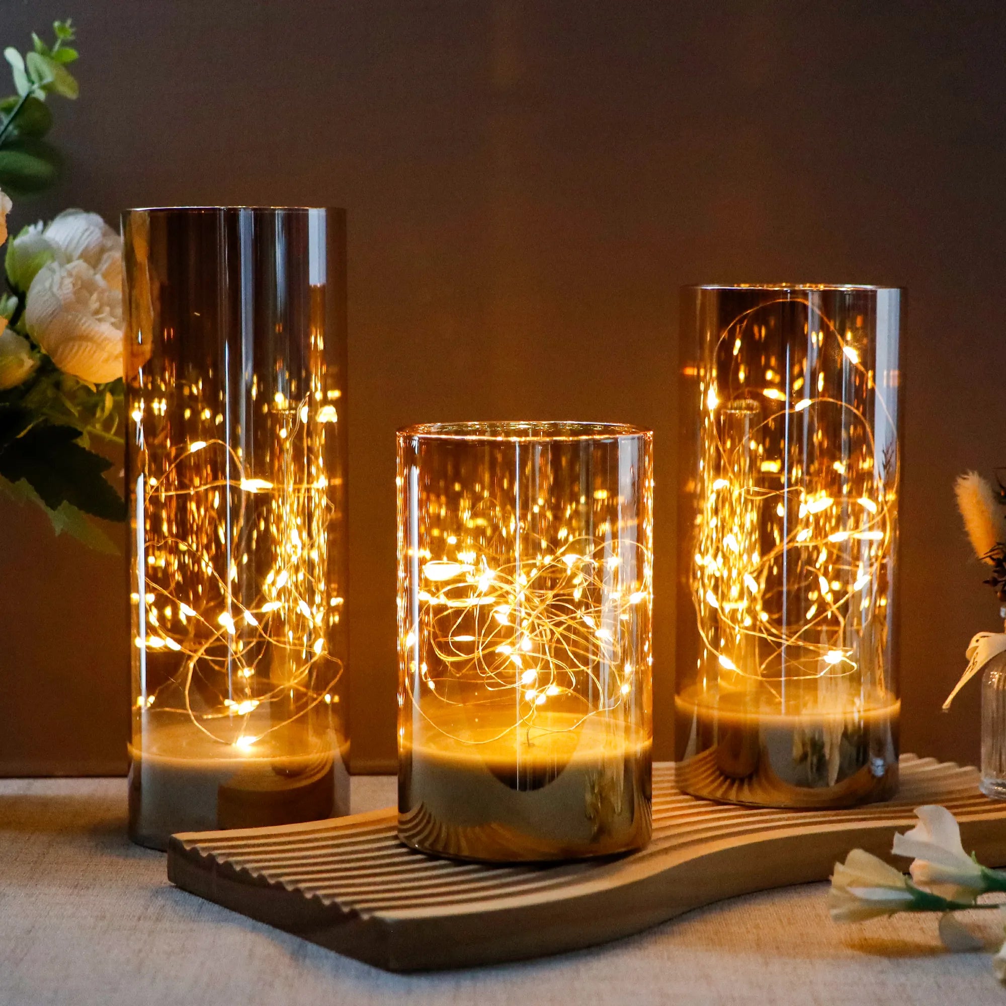 6/8/10inch High Battery Glass Decorative Lights（Set of 3）