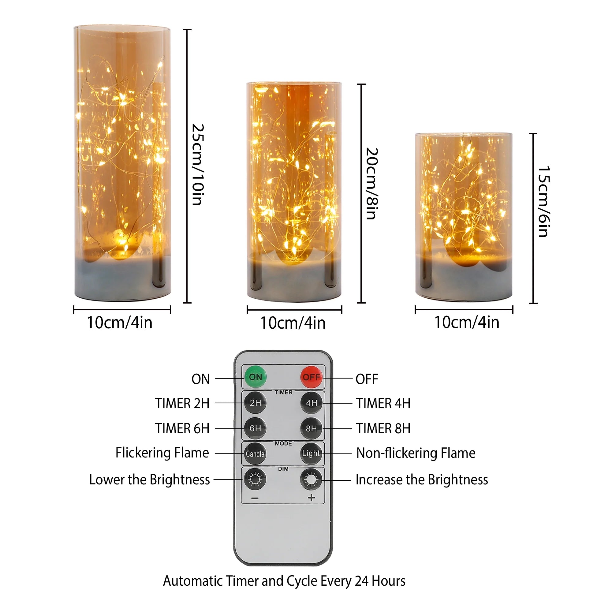 6/8/10inch High Battery Glass Decorative Lights（Set of 3）
