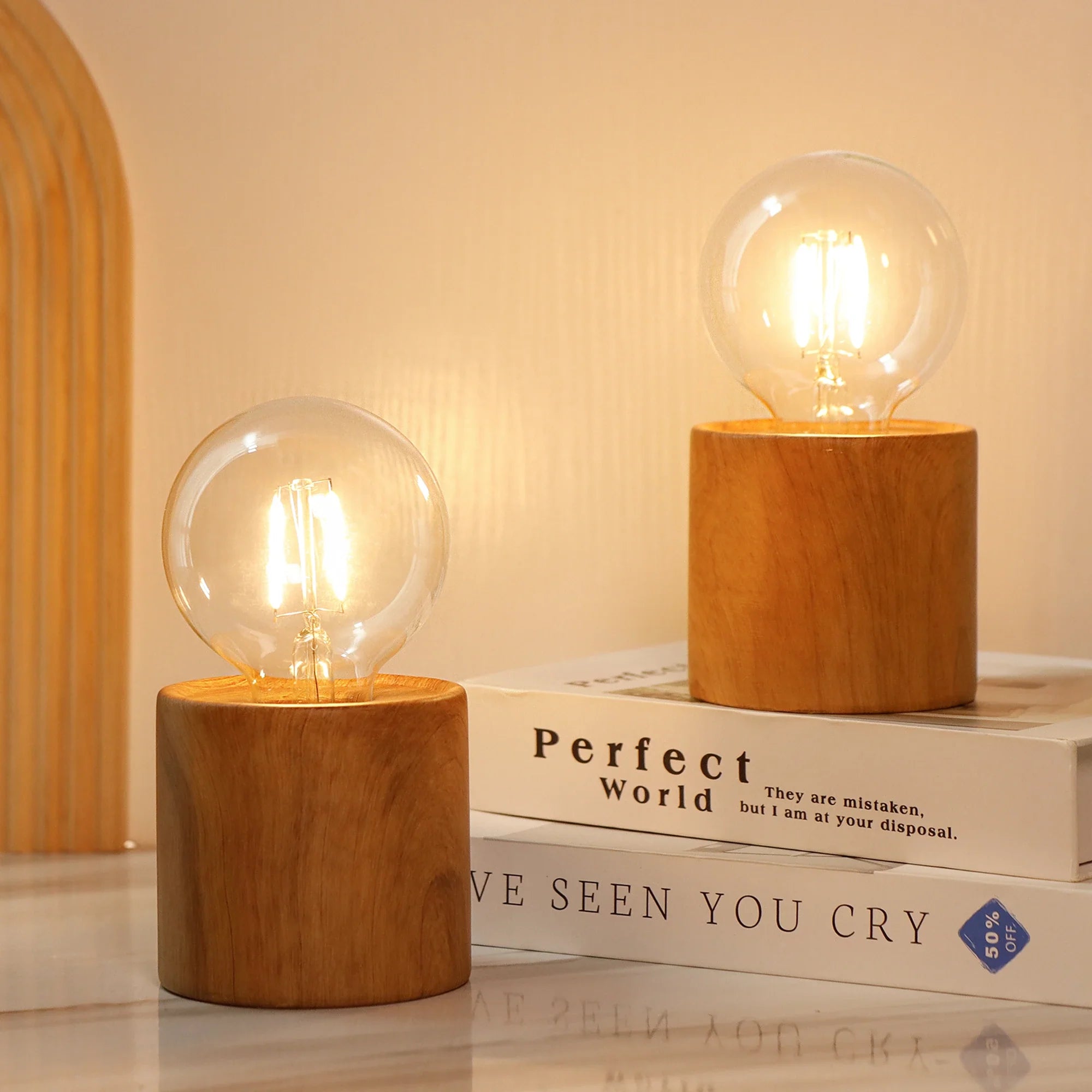 6.5" Tall Ceramic Set of 2 Wood Grain Table Lamp
