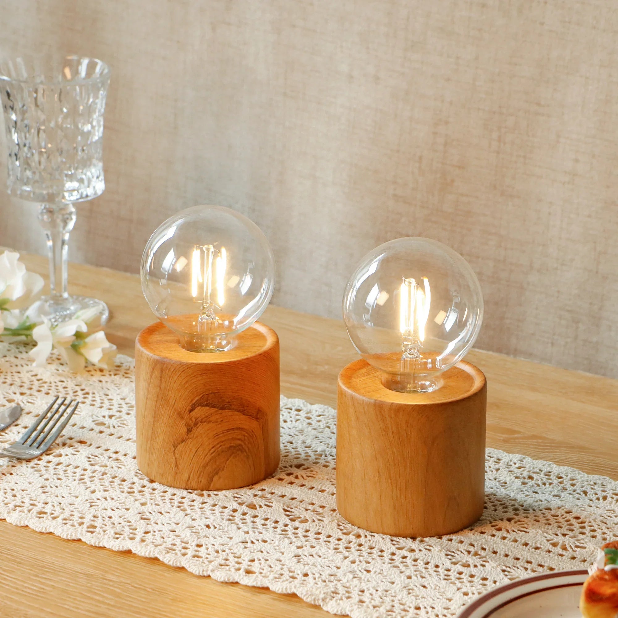 6.5" Tall Ceramic Set of 2 Wood Grain Table Lamp