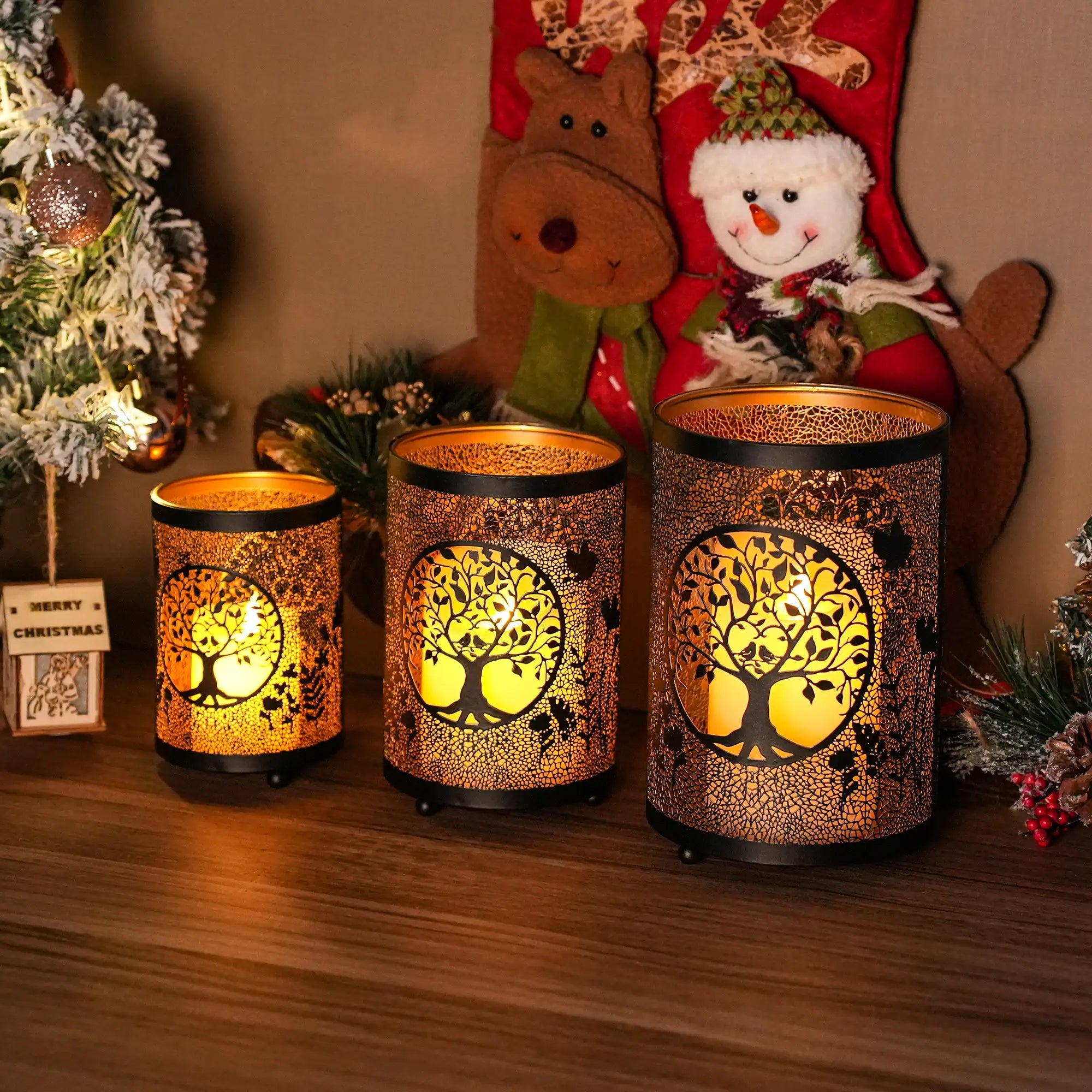 7" H Etched Metal Candle Holder Christmas Decorations Lantern