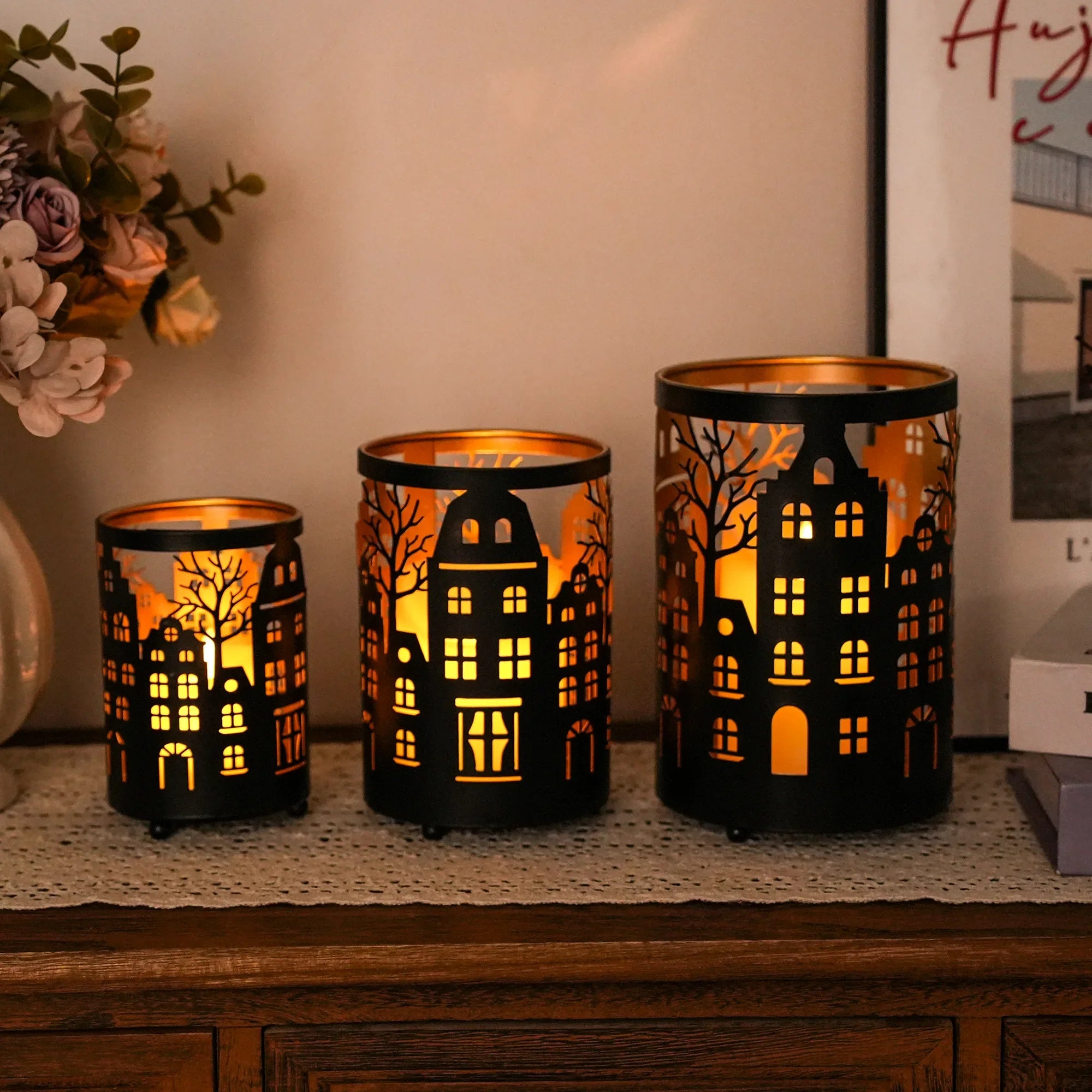 7" H Etched Metal Candle Holder Village Decorations