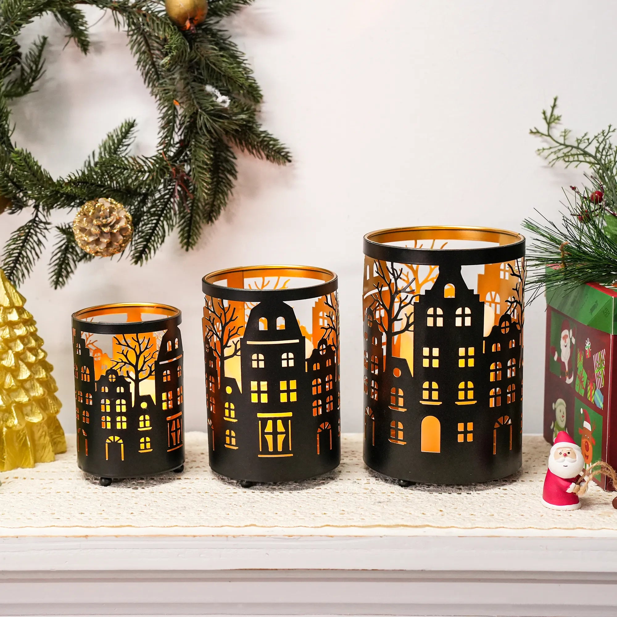 7" H Etched Metal Candle Holder Village Decorations