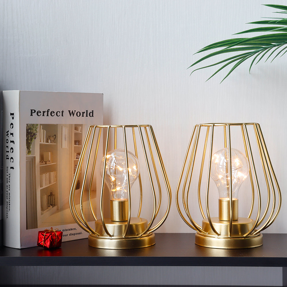7'' Tall Metal Lamp Mini Cage Shape Cordless Table Battery Lanterns(Set of 2)