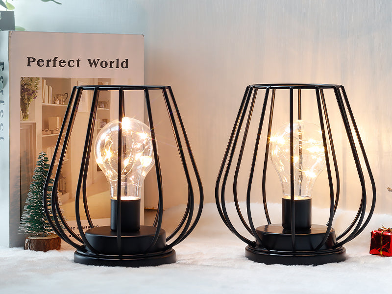 7'' Tall Metal Lamp Mini Cage Shape Cordless Table Battery Lanterns(Set of 2)