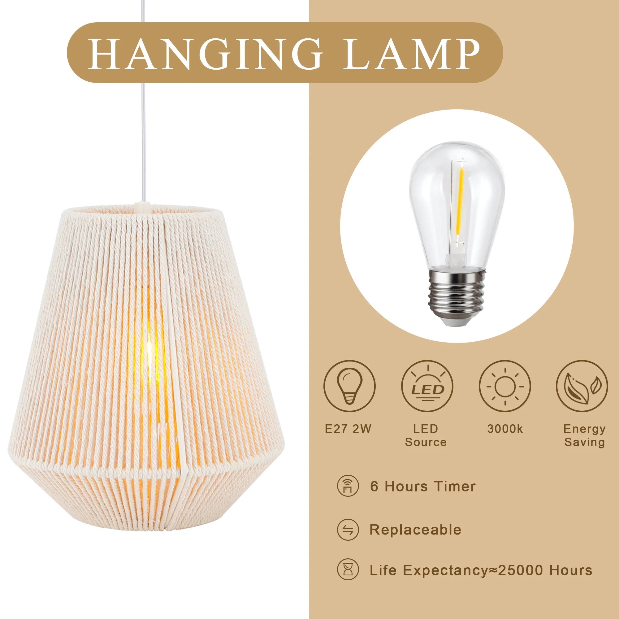 8" H Woven Hemp Rope Battery Powered Hanging Lamp