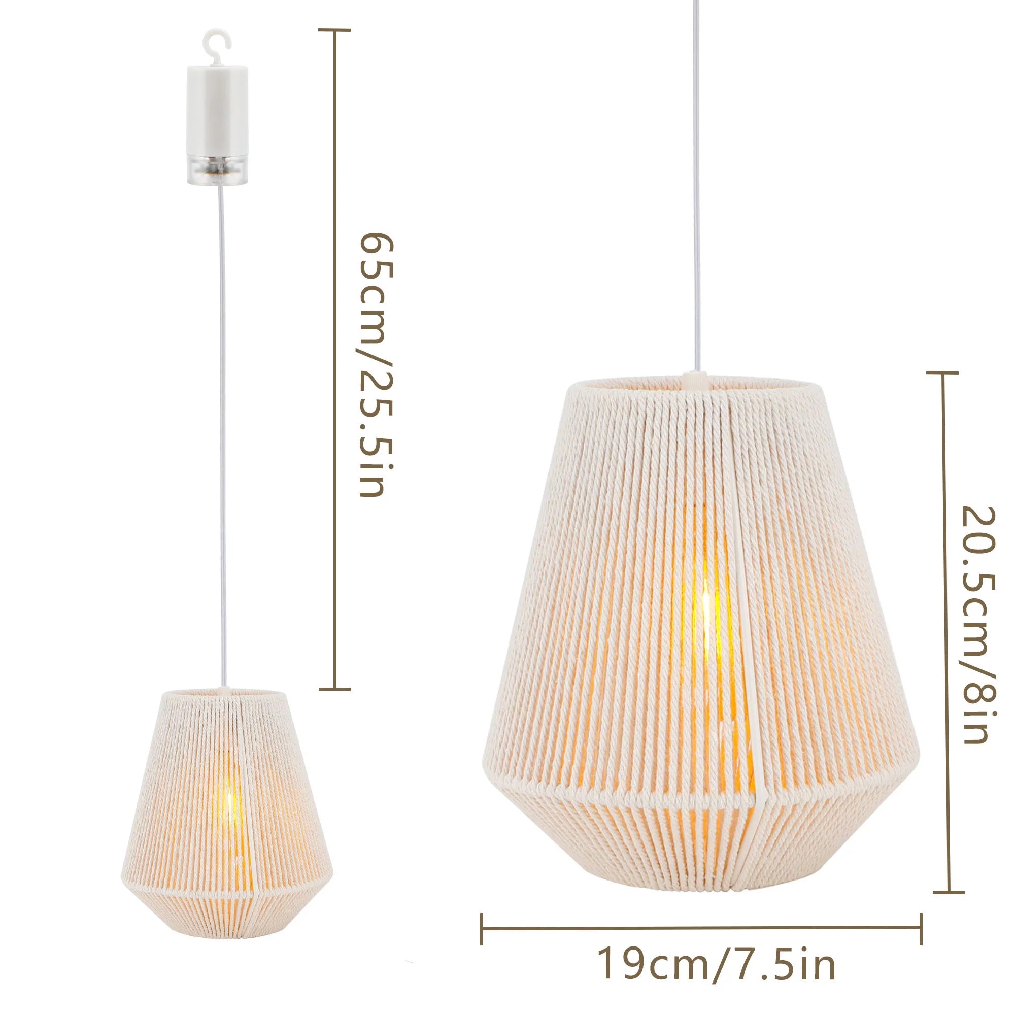 8" H Woven Hemp Rope Battery Powered Hanging Lamp