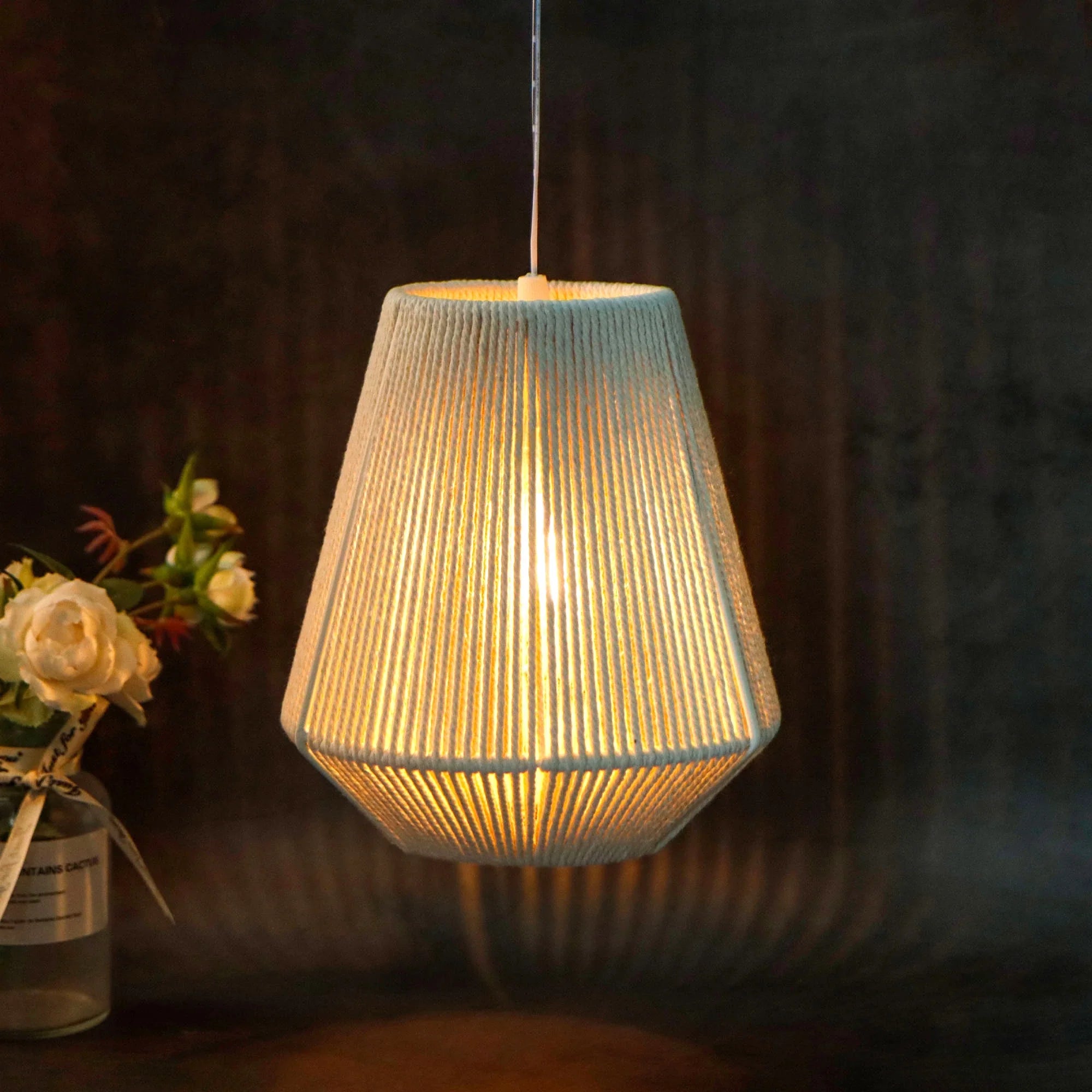 8" H Woven Hemp Rope Battery Powered Hanging Lamp