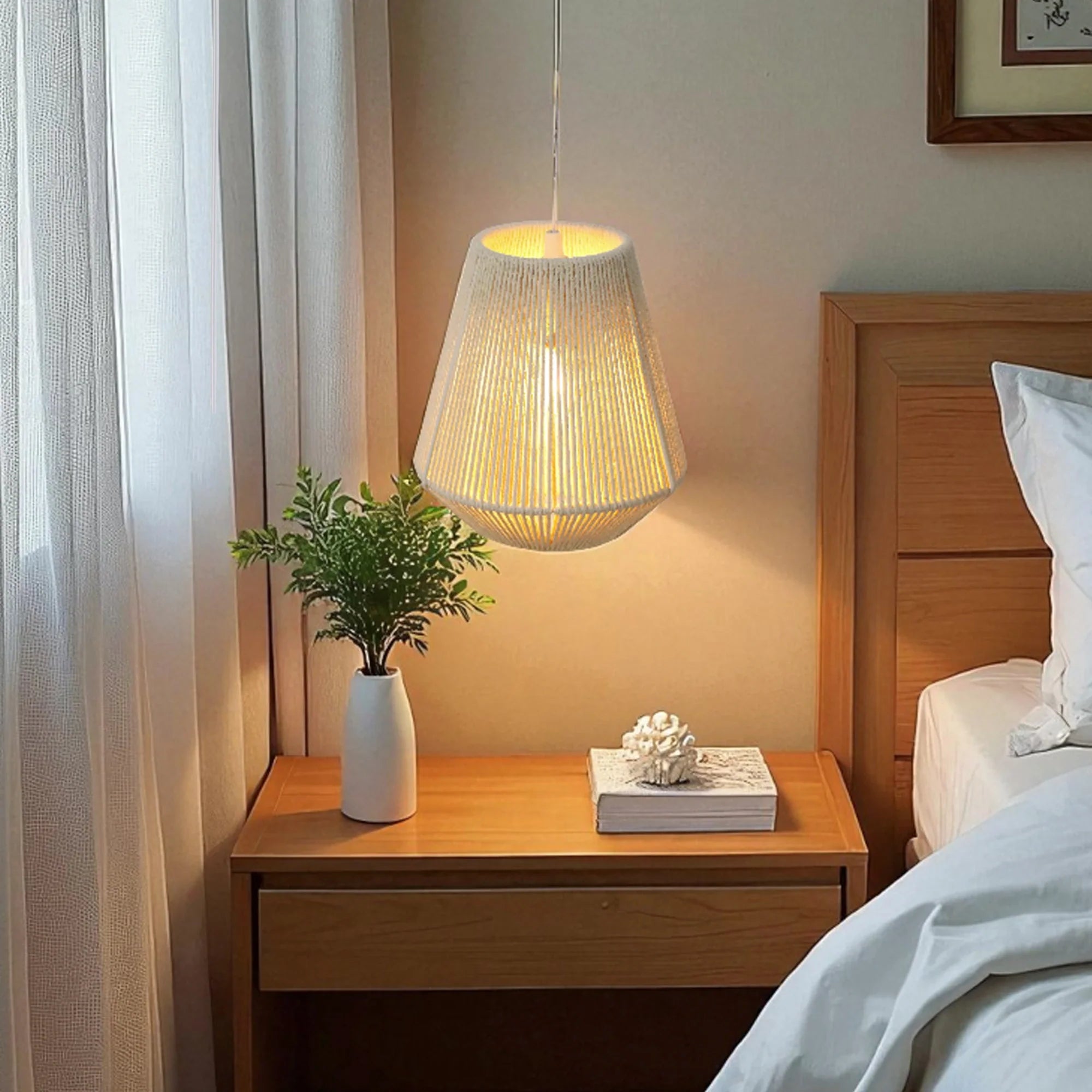8" H Woven Hemp Rope Battery Powered Hanging Lamp