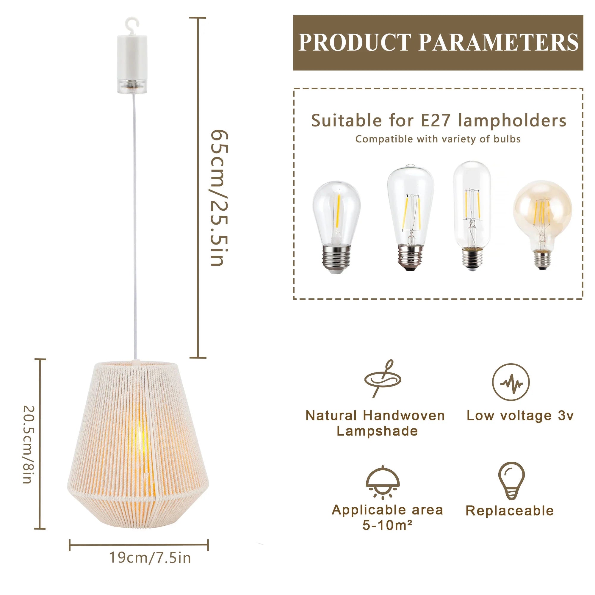8" H Woven Hemp Rope Battery Powered Hanging Lamp